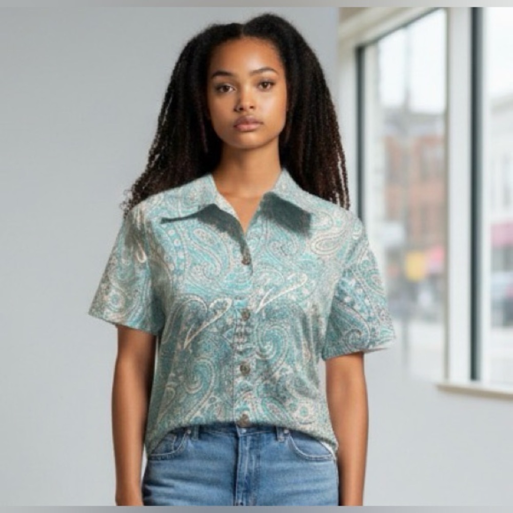 Koret Women Short Sleeve Button Down Blouse Size S Teal Paisley Stretch Casual